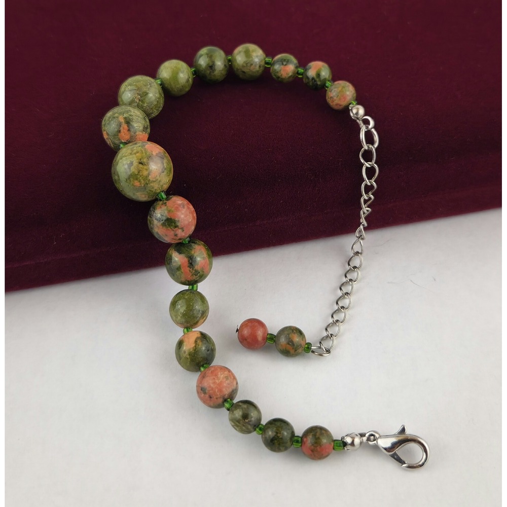 Vintage Unakite Gemstone Bead Bracelet Green Pink Stone‎ Adjustable